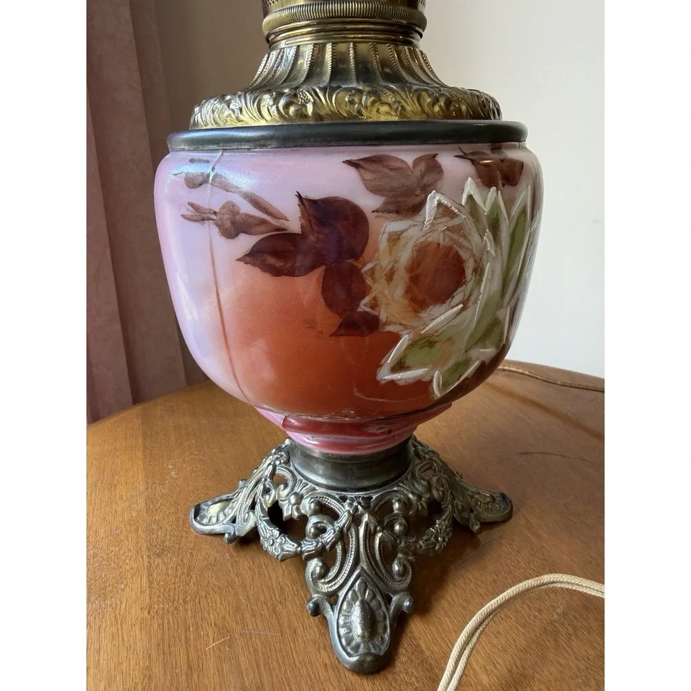 Antique GONE WITH THE WIND Lamp Electrified Oil Lamp Painted ROSES 24